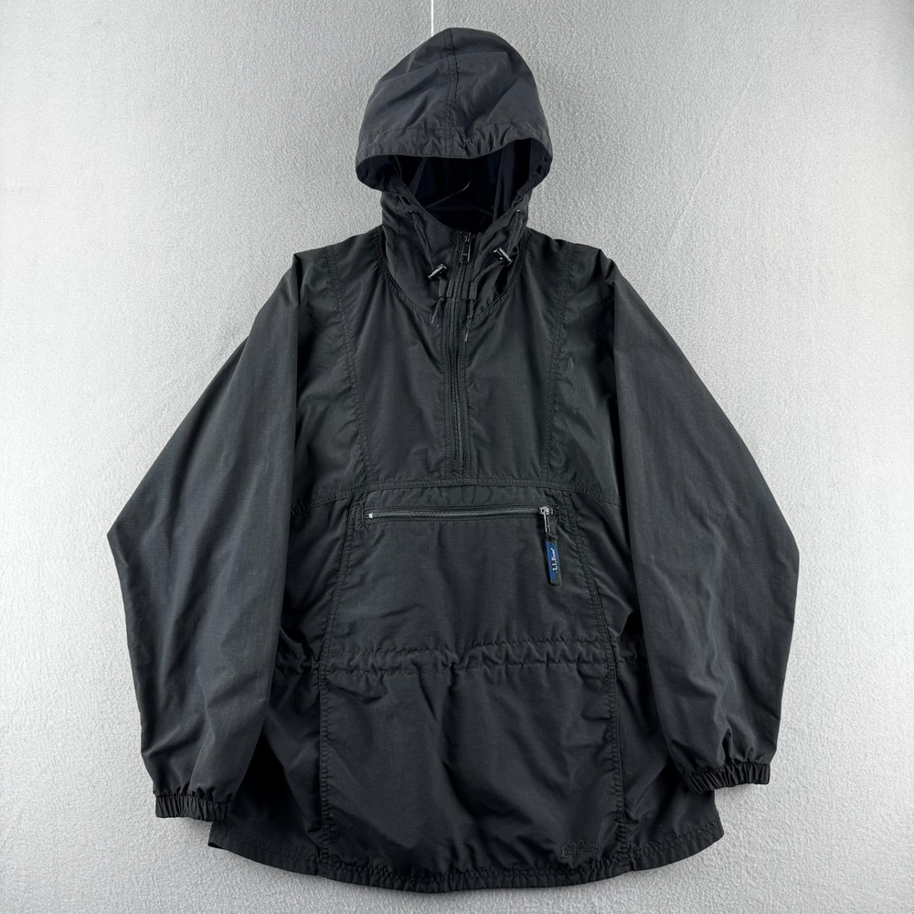 Vintage LL Bean Mountain Anorak Jacket Womens Medium Black Hooded Windbreaker
